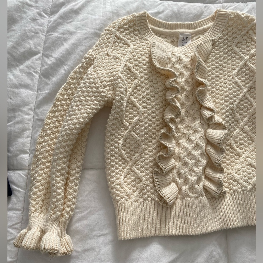 BabyGAP girl size 4 sweater Cream Gold Metallic Textured Knit Sweater ruffle hem - Picture 8 of 15